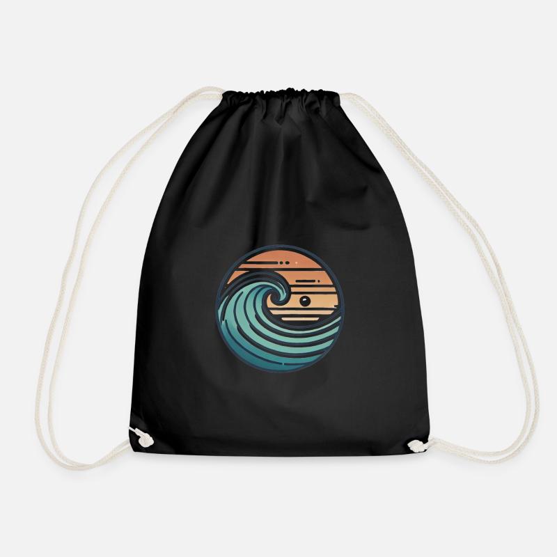 Vintage Ocean Wave Sunset Badge - Drawstring Bag - black