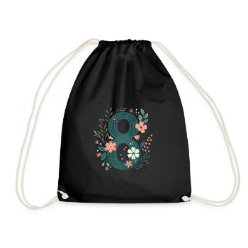 Blumen Zahl 8 Design - Turnbeutel - Schwarz - Vorne