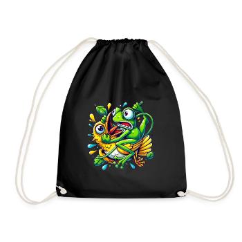 Funny Frog Clinging to Bird Cartoon - Drawstring Bag - black - Front