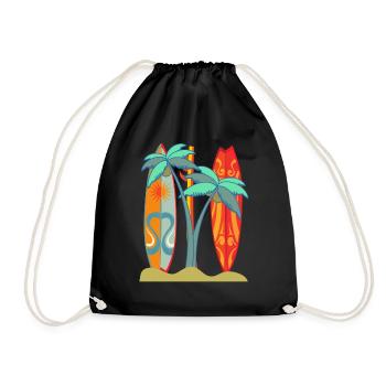 "Surfboard Beach" Palm Trees Illustration Design - Drawstring Bag - black - Front