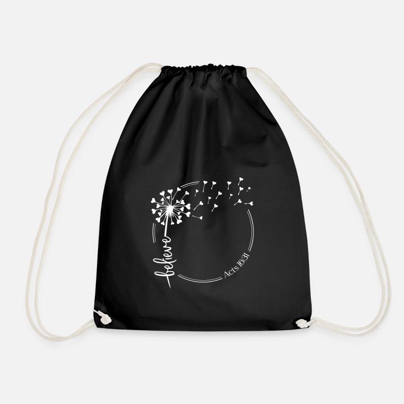 Christian Dandelion design believe Acts 16:31 - Drawstring Bag - black