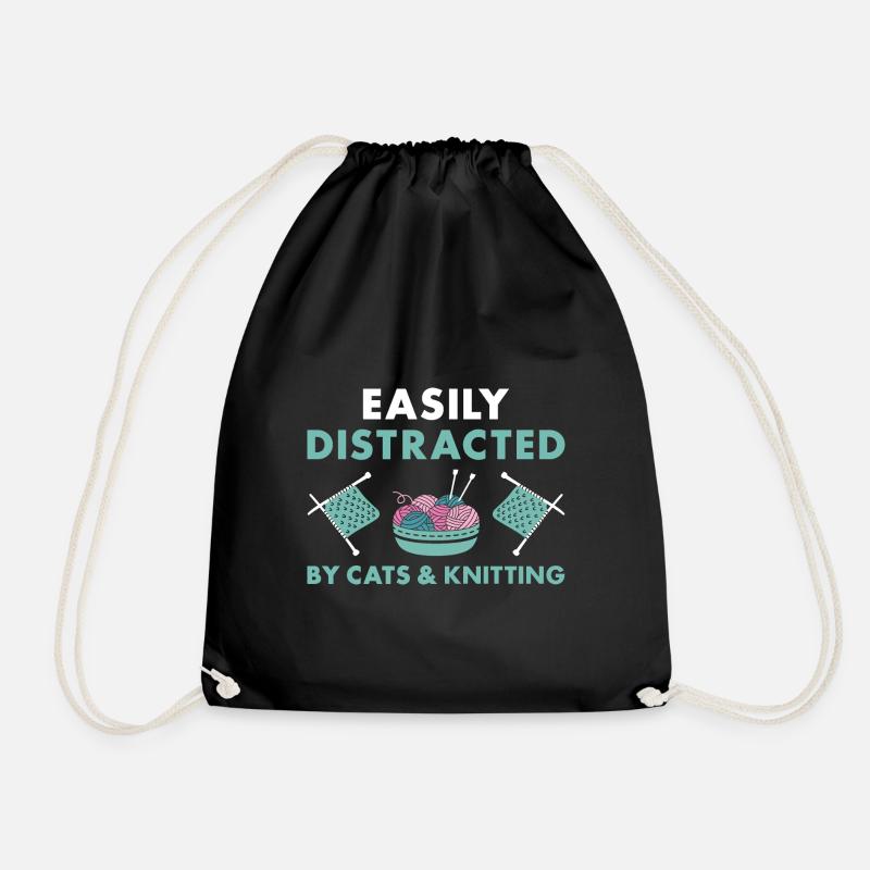 Knitter Easily Distracted By Cats And Knitting - Drawstring Bag - black