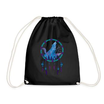Gift Idea Feathers Dream Catcher Howling Wolf - Drawstring Bag - black - Front