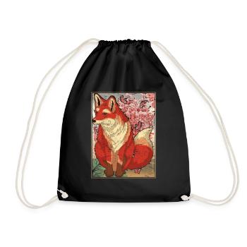 Cherry Blossom Forest Animal Sakura Gift Fox - Drawstring Bag - black - Front