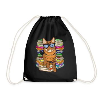 Reading Bookworm Gift Funny Books Cat - Drawstring Bag - black - Front