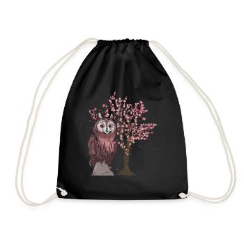 Tier Kirschblüten Baum Vogel Geschenk Sakura Eule - Turnbeutel - Schwarz - Vorne