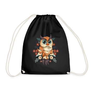 Flowers Animal Forest Bird Gift Cute Owl - Drawstring Bag - black - Front