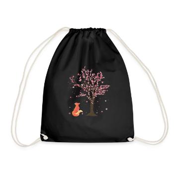 Cherry Blossoms Tree Woodland Animal Gift Sakura Fox - Drawstring Bag - black - Front