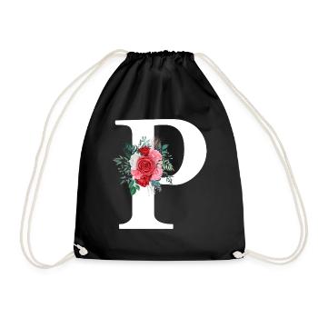 Red Floral Letter P - Drawstring Bag - black - Front