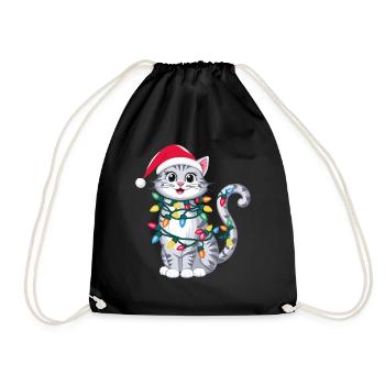 Christmas cat with fairy lights and Christmas - Drawstring Bag - black - Front