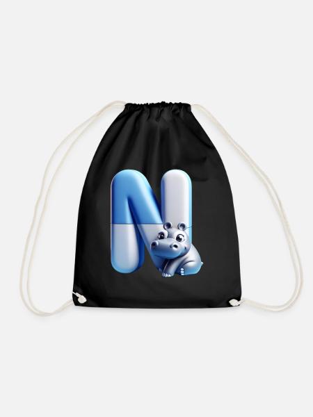 Cute hippopotamus on the letter N - Drawstring Bag - black