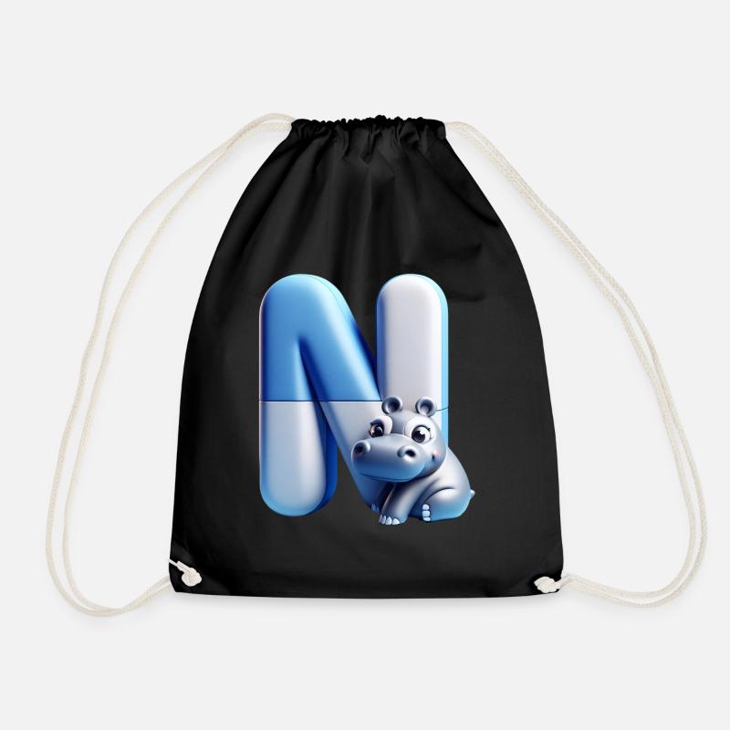 Cute hippopotamus on the letter N - Drawstring Bag - black