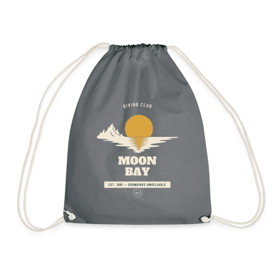 Moon Bay badge on a drawstring bag, grey, front