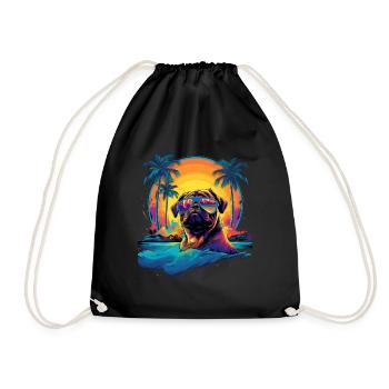 Swimming Dog Palm Trees Mountains Sea - Drawstring Bag - black - Front