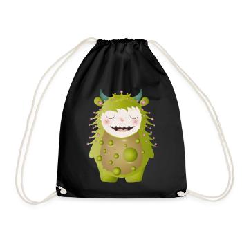 cute green monster with horns - Drawstring Bag - black - Front