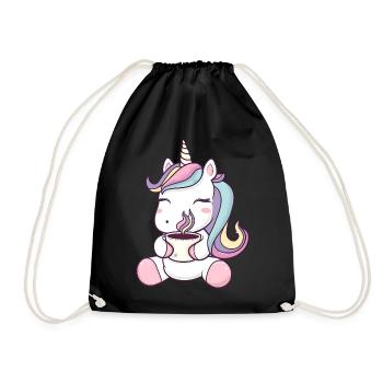 Licorne mignonne avec tasse à café - Dessin animé fantaisiste - Sac de sport léger - noir - Devant