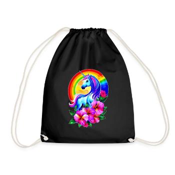 Magical rainbow unicorn with flowers - Drawstring Bag - black - Front