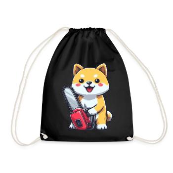 Cute Shiba Inu with Chainsaw – Funny Cartoon Dog - Drawstring Bag - black - Front