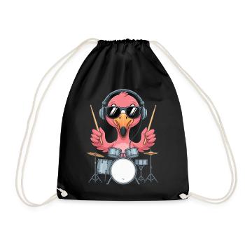 Flamingo Drummer With Headphones - Drawstring Bag - black - Front