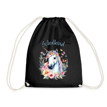 Romantisches Einhorn Blumenkranz - Schulkind 2026 - Turnbeutel - Schwarz - Vorne