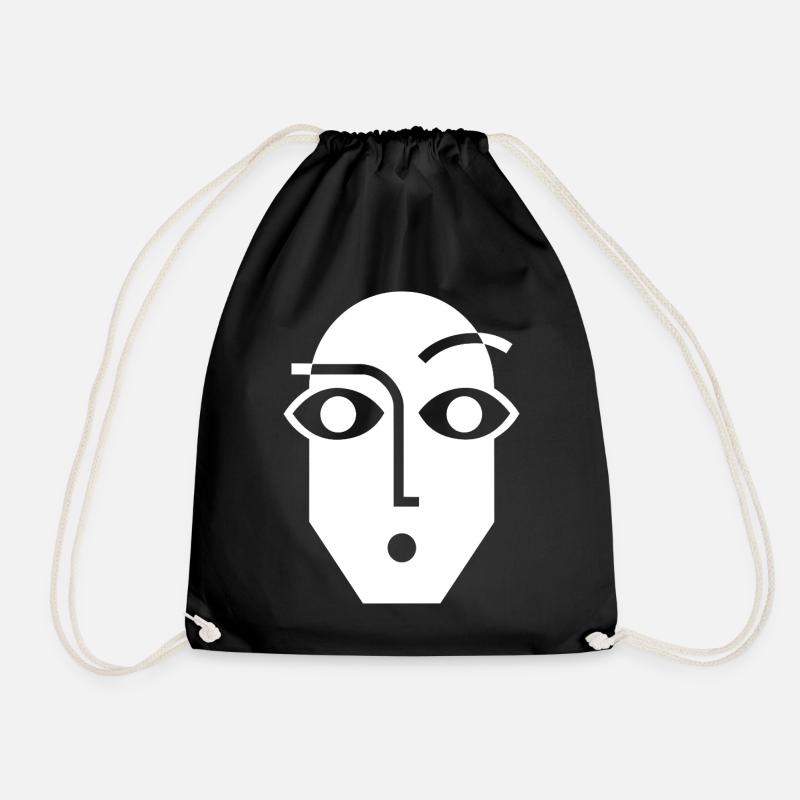 Black and White Linear Abstract Face - Drawstring Bag - black