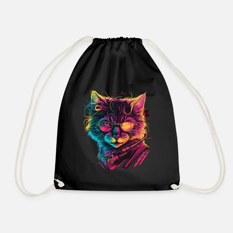 Synthwave Katze 80s Geschenk - Turnbeutel - Schwarz