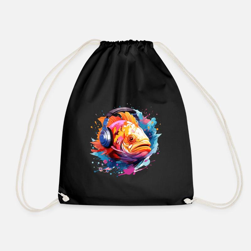 Fish with headphones - Drawstring Bag - black