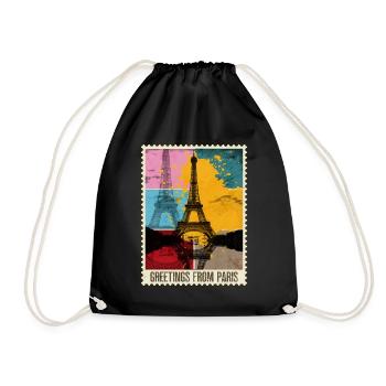 Paris France City Skyline Stamp - Drawstring Bag - black - Front