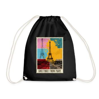 Paris France City Skyline Stamp Holiday - Drawstring Bag - black - Front