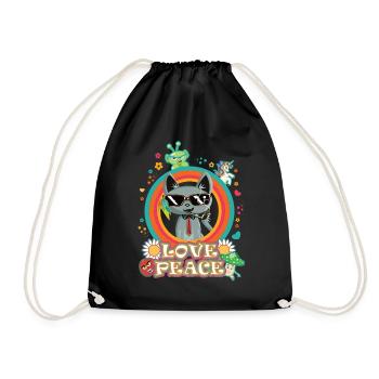 Love and Peace Katze - cooles Hippie Design - Turnbeutel - Schwarz - Vorne