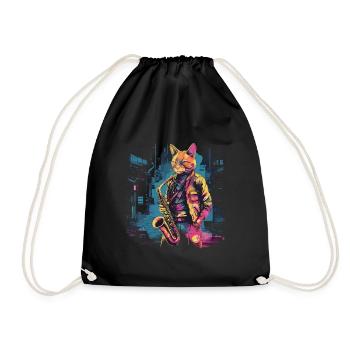 Cat Saxophone Jazz Musician Saxophonist Swing Meow - Drawstring Bag - black - Front