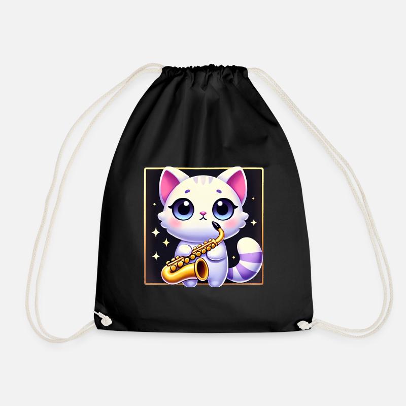 Cute Saxophone Cat Cartoon Design - Drawstring Bag - black