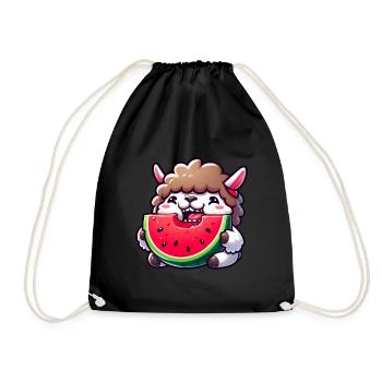 Drôle de lama mouton agneau avec pastèque dessin animé - Sac de sport léger - noir - Devant