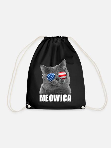 Cat 4th of July USA American Flag - Drawstring Bag - black