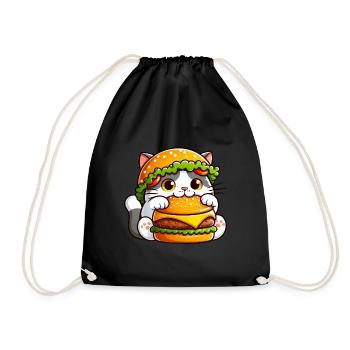 Katze Kater Cheeseburger Fast Food Skurril Hut - Turnbeutel - Schwarz - Vorne