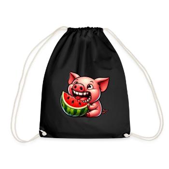 Sweet pig with watermelon grinning whimsical - Drawstring Bag - black - Front