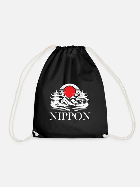 Japan Design, Landscape with Red Sunrise - Drawstring Bag - black