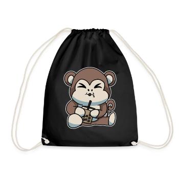 Cute Monkey drinking Bubble Tea Kawaii Anime - Drawstring Bag - black - Front