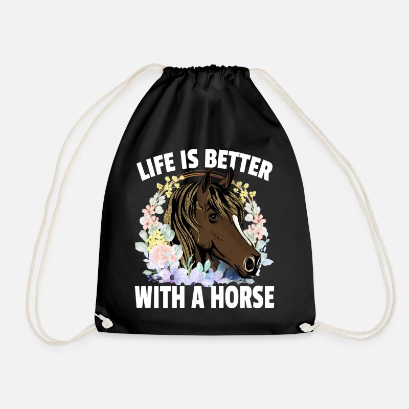 Life is better with a horse - Drawstring Bag - black