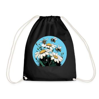 Daisies and bees - white/yellow flowers - Drawstring Bag - black - Front