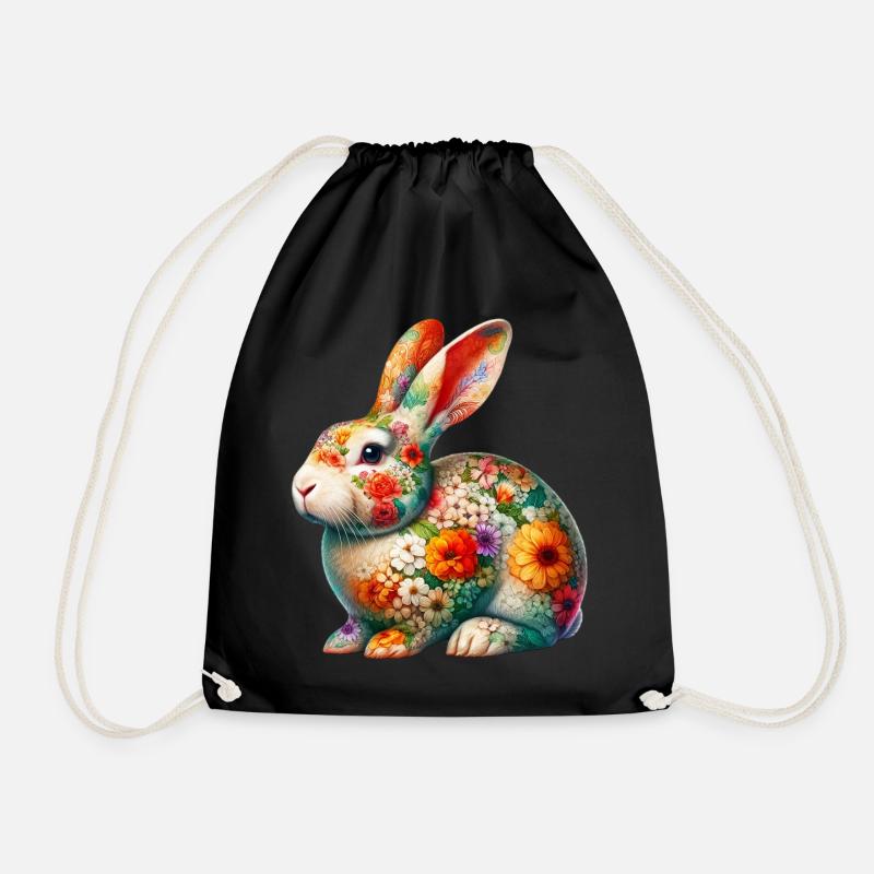 Rabbit decorated with flowers - Drawstring Bag - black