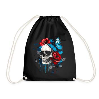 Totenkopf Totenschädel Schmetterling Rose Blume - Turnbeutel - Schwarz - Vorne