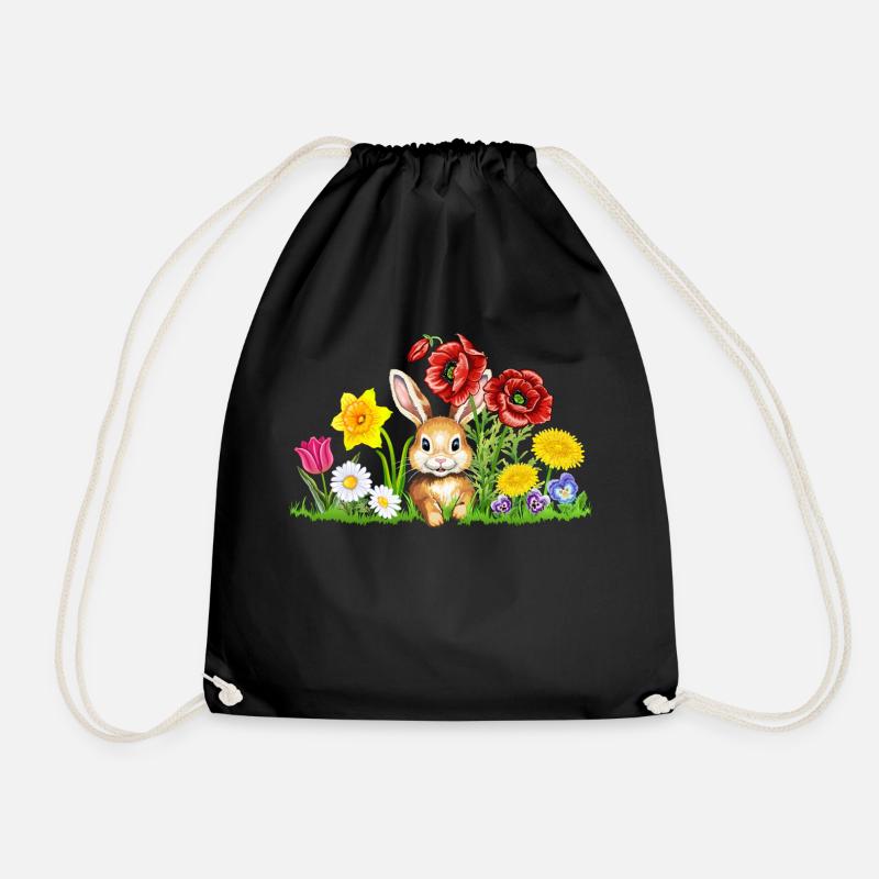 Cute bunny with flowers - Easter bunny Easter flowers - Drawstring Bag - black