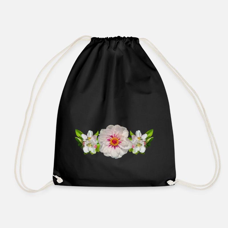 3 Blossoms Flowers Paeonie Rose Flower Band - Drawstring Bag - black