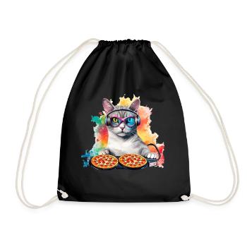 Outer Space Cat Pizza Disc Jockey - Interstellar - Drawstring Bag - black - Front