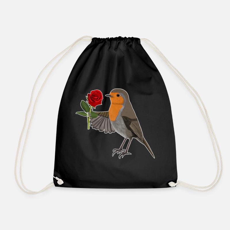 Rotkehlchen mit Roter Rose Vogelmotiv - Turnbeutel - Schwarz