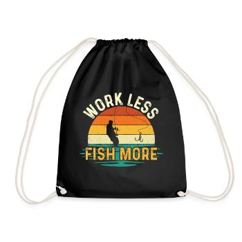 Work Less Fish More Retro Fishing Quote - Drawstring Bag - black - Front
