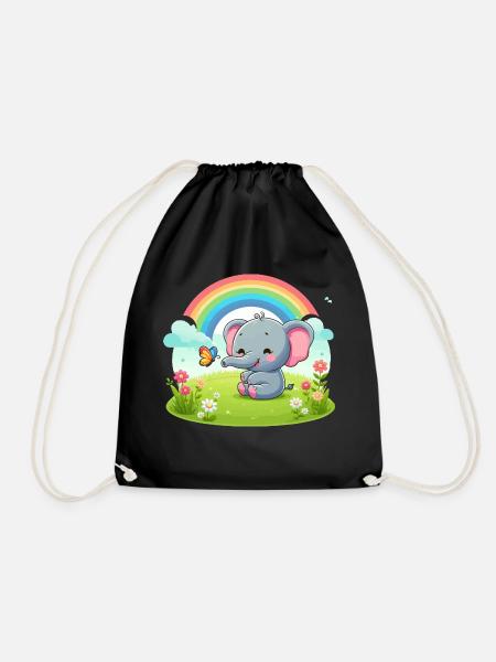 Fröhlicher Elefant und Regenbogen - Turnbeutel - Schwarz