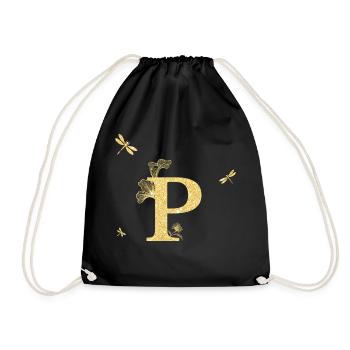 Buchstabe p Gold Glitzer Libelle - Geschenkidee - Turnbeutel - Schwarz - Vorne