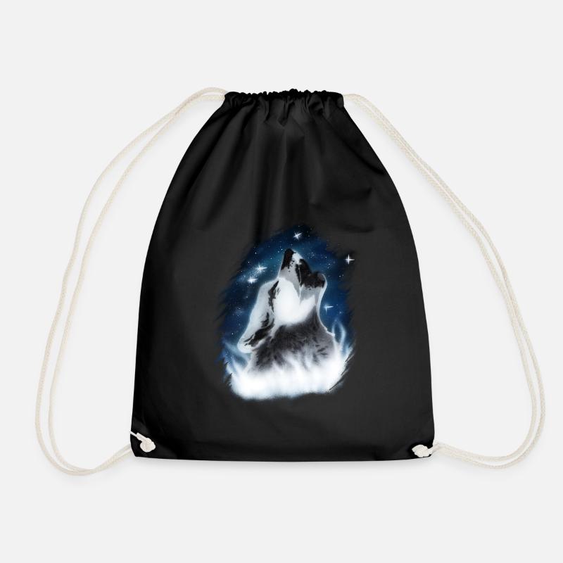 Howling Wolf in the Night Sky Airbrush Design - Drawstring Bag - black